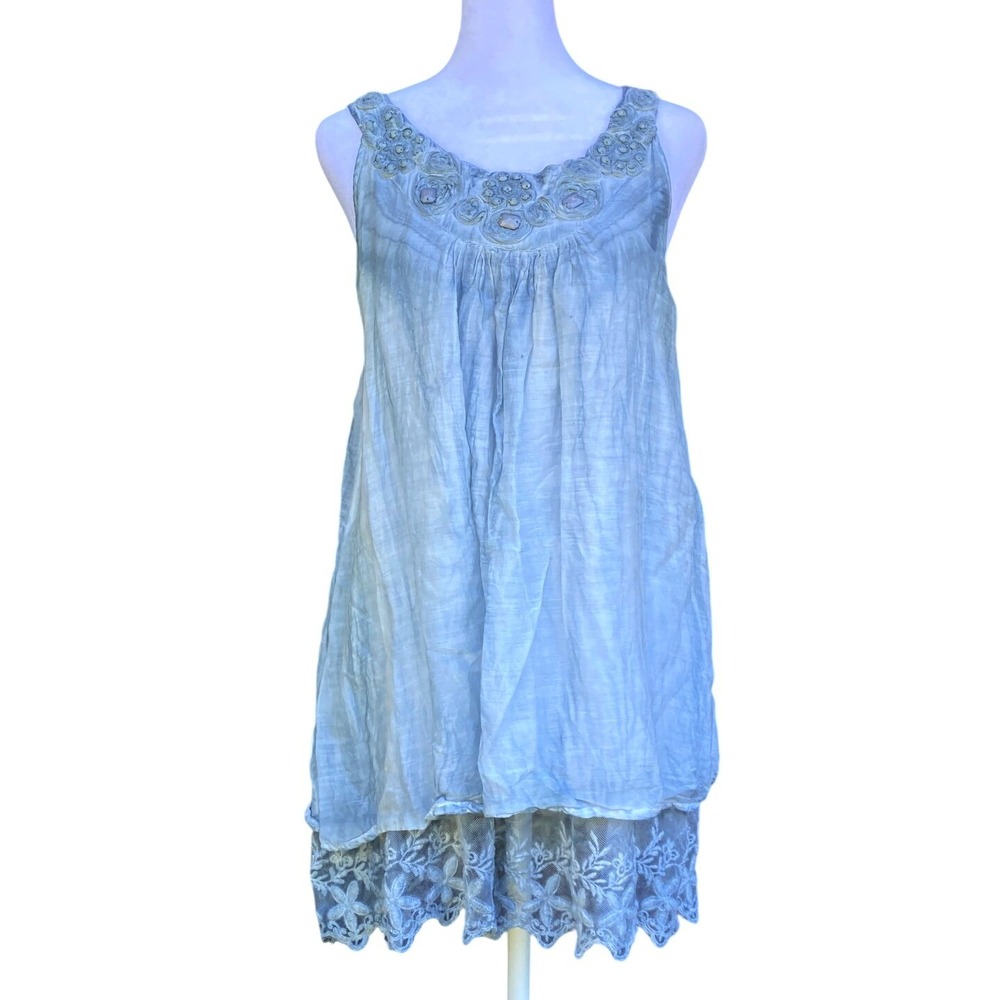 Lace Beaded Tunic Top Blue Mini Dress Large Boho Hippie Fairy Festival Beachy
